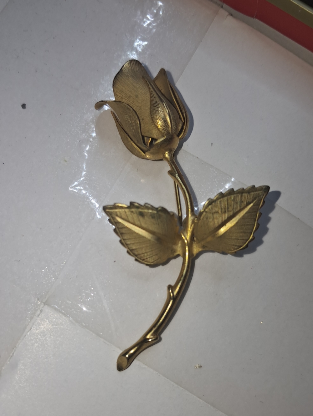 Vintage Giovanni Signed Brushed Gold Tone Long Stem Rose Brooch Pin